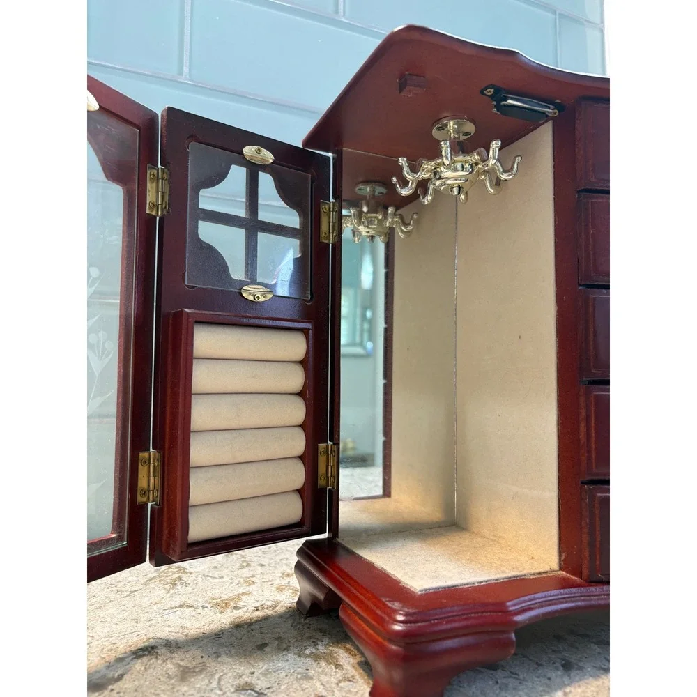 Vintage Wooden Jewelry Armoire Cherry Finish Etched Glass 5 Drawers Mirror Box